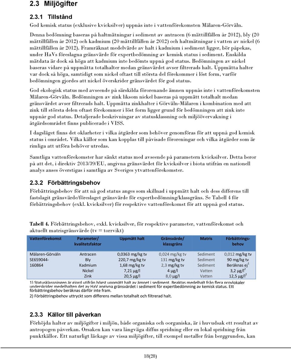 (6 mättillfällen år 2012). Framräknat medelvärde av halt i kadmium i sediment ligger, bör påpekas, under HaVs föreslagna gränsvärde för expertbedömning av kemisk status i sediment.