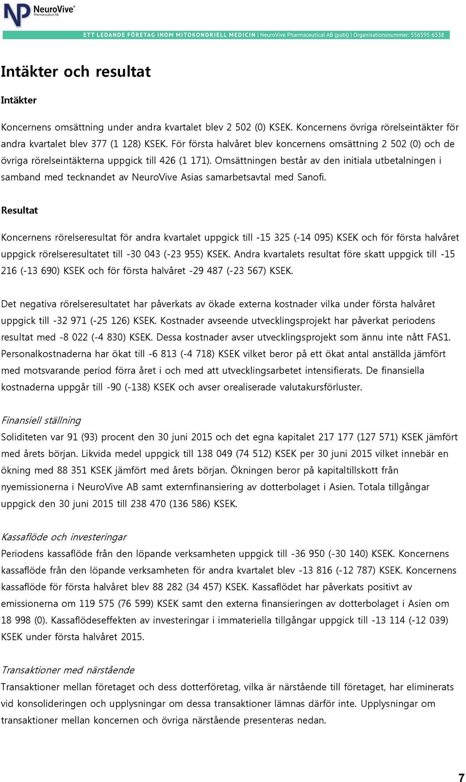 Omsättningen består av den initiala utbetalningen i samband med tecknandet av NeuroVive Asias samarbetsavtal med Sanofi.