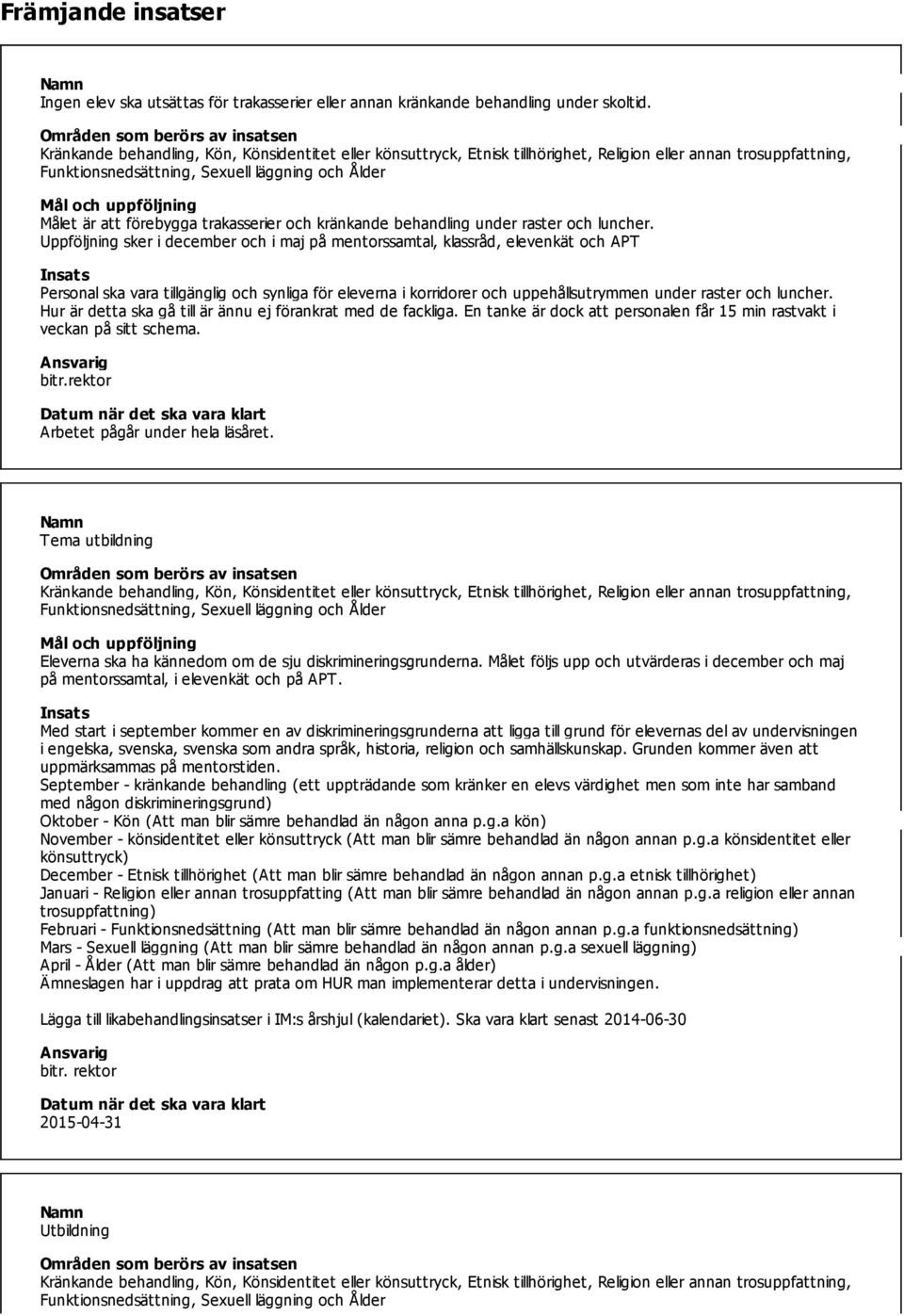 Hur är detta ska gå till är ännu ej förankrat med de fackliga. En tanke är dock att personalen får 15 min rastvakt i veckan på sitt schema. bitr.rektor Arbetet pågår under hela läsåret.