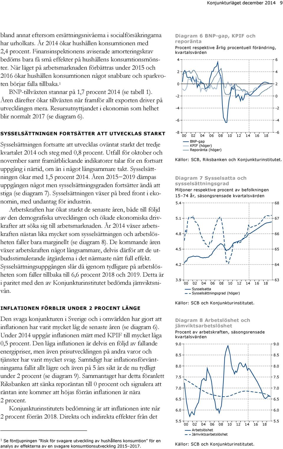 När läget på arbetsmarknaden förbättras under 5 och 6 ökar hushållen konsumtionen något snabbare och sparkvoten börjar falla tillbaka. BNP-tillväxten stannar på,7 procent (se tabell ).