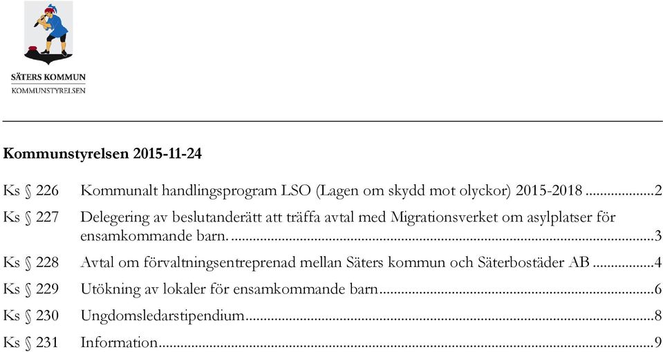 ensamkommande barn.... 3 Ks 228 Avtal om förvaltningsentreprenad mellan Säters kommun och Säterbostäder AB.