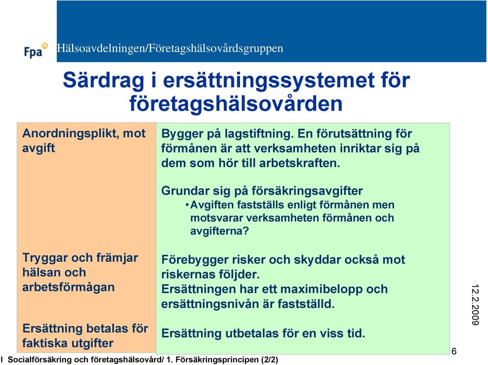 Tryggar och främjar hälsan och arbetsförmågan Ersättning betalas för faktiska utgifter Grundar sig på försäkringsavgifter Avgiften fastställs enligt förmånen men