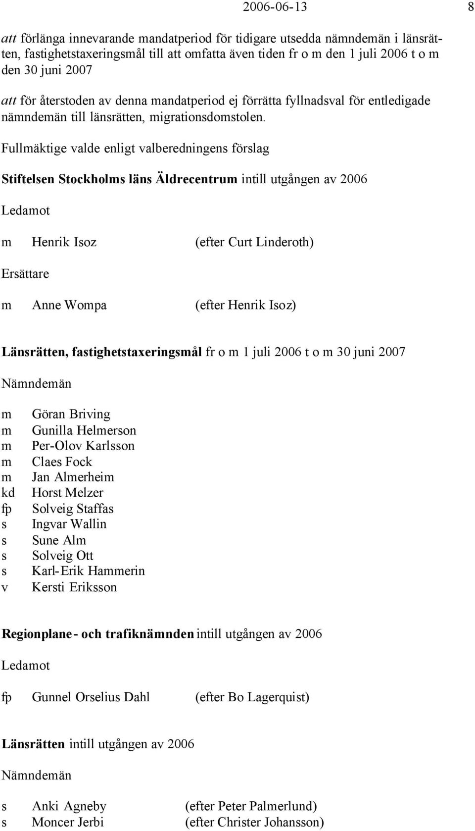 Fullmäktige valde enligt valberedningens förslag Stiftelsen Stockholms läns Äldrecentrum intill utgången av 2006 Ledamot m Henrik Isoz (efter Curt Linderoth) Ersättare m Anne Wompa (efter Henrik
