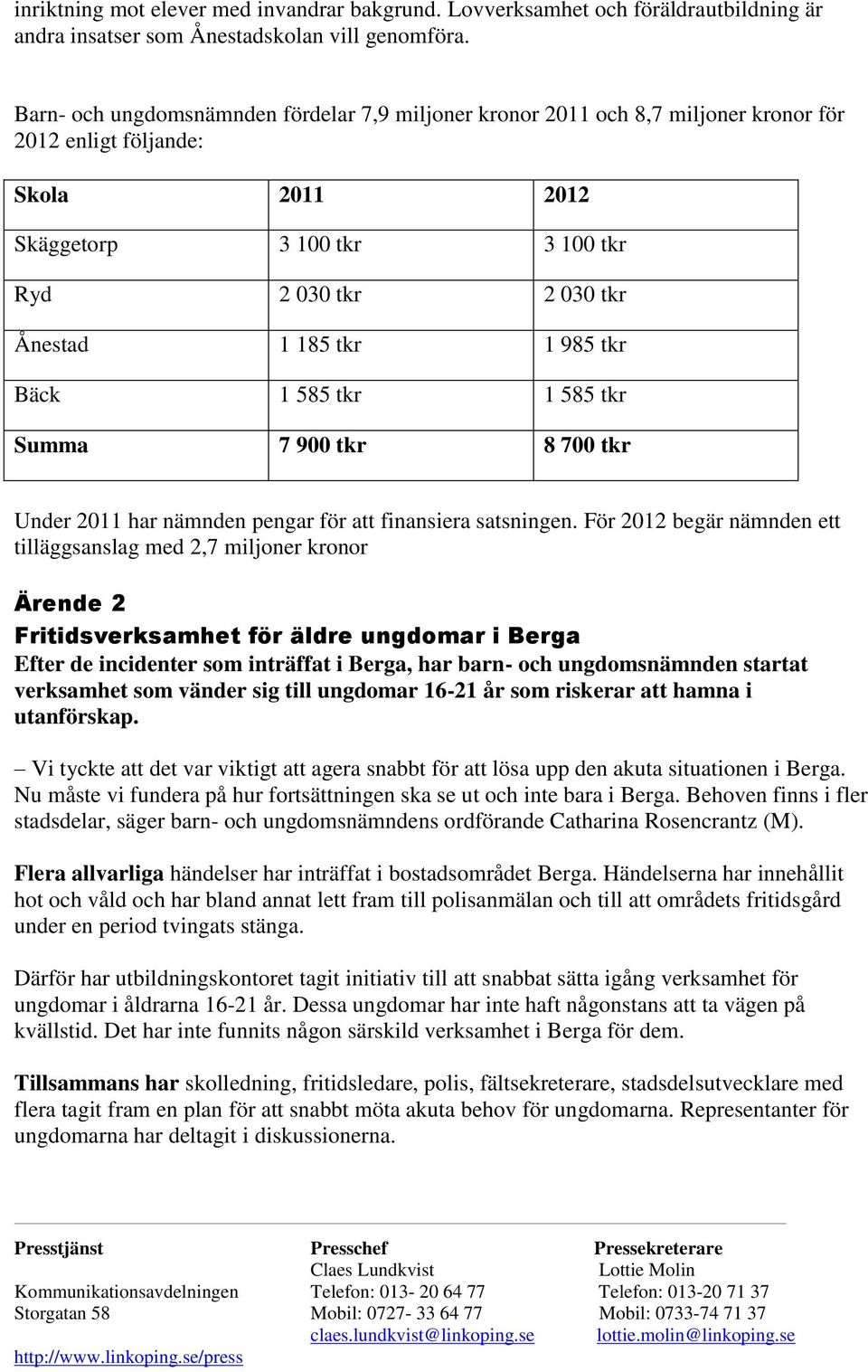 985 tkr Bäck 1 585 tkr 1 585 tkr Summa 7 900 tkr 8 700 tkr Under 2011 har nämnden pengar för att finansiera satsningen.