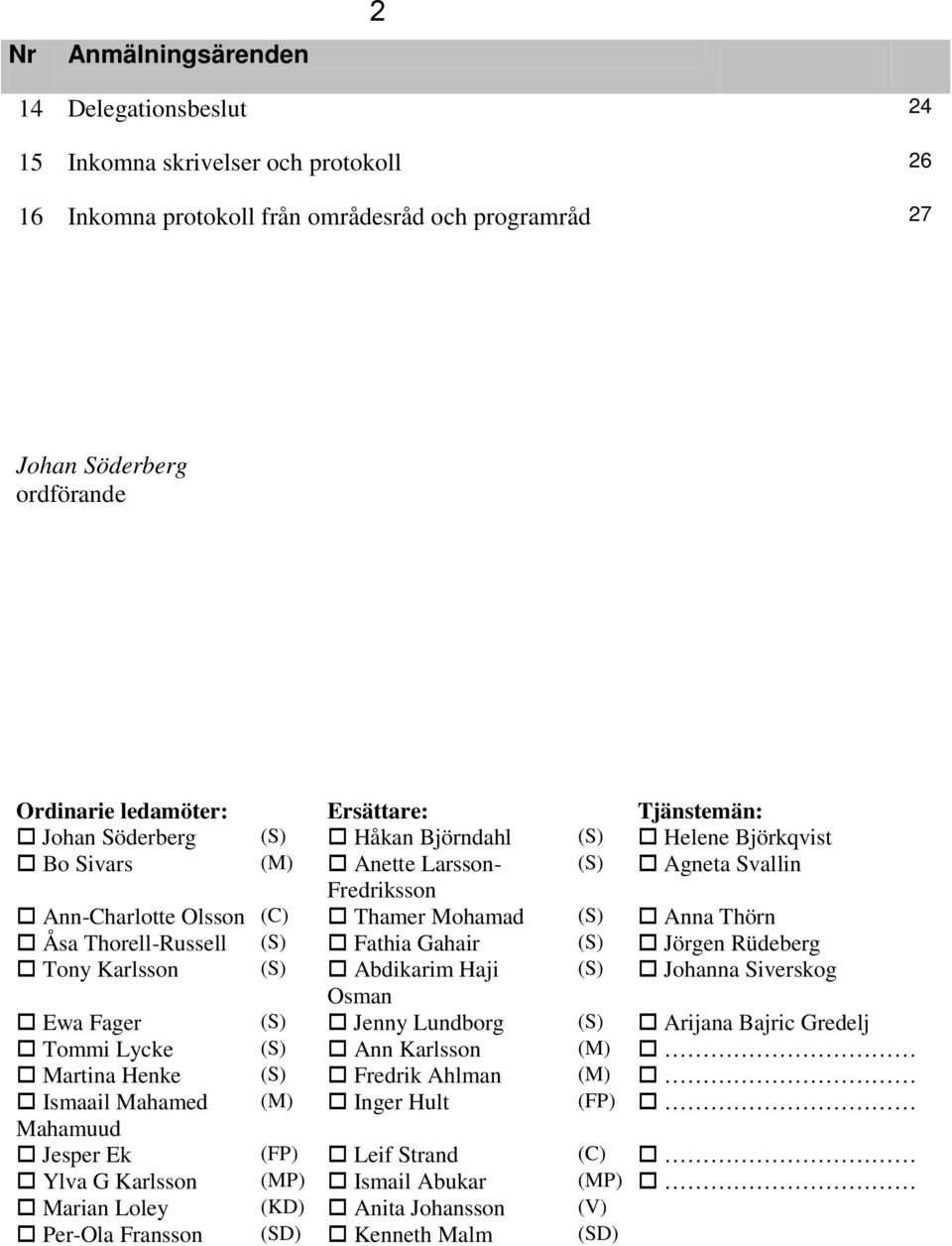 Thorell-Russell (S) Fathia Gahair (S) Jörgen Rüdeberg Tony Karlsson (S) Abdikarim Haji (S) Johanna Siverskog Osman Ewa Fager (S) Jenny Lundborg (S) Arijana Bajric Gredelj Tommi Lycke (S) Ann Karlsson