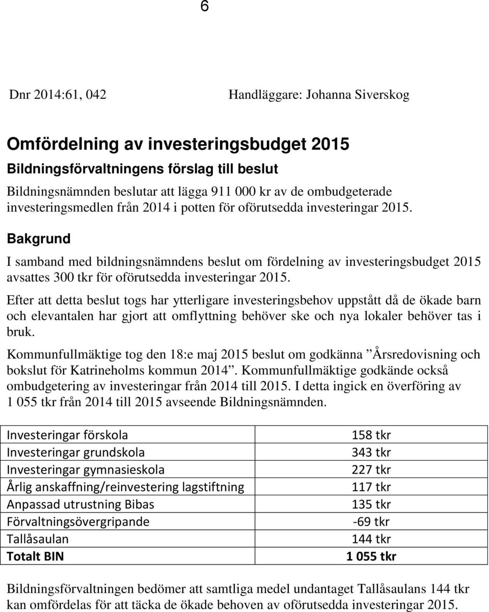 Bakgrund I samband med bildningsnämndens beslut om fördelning av investeringsbudget 2015 avsattes 300 tkr för oförutsedda investeringar 2015.