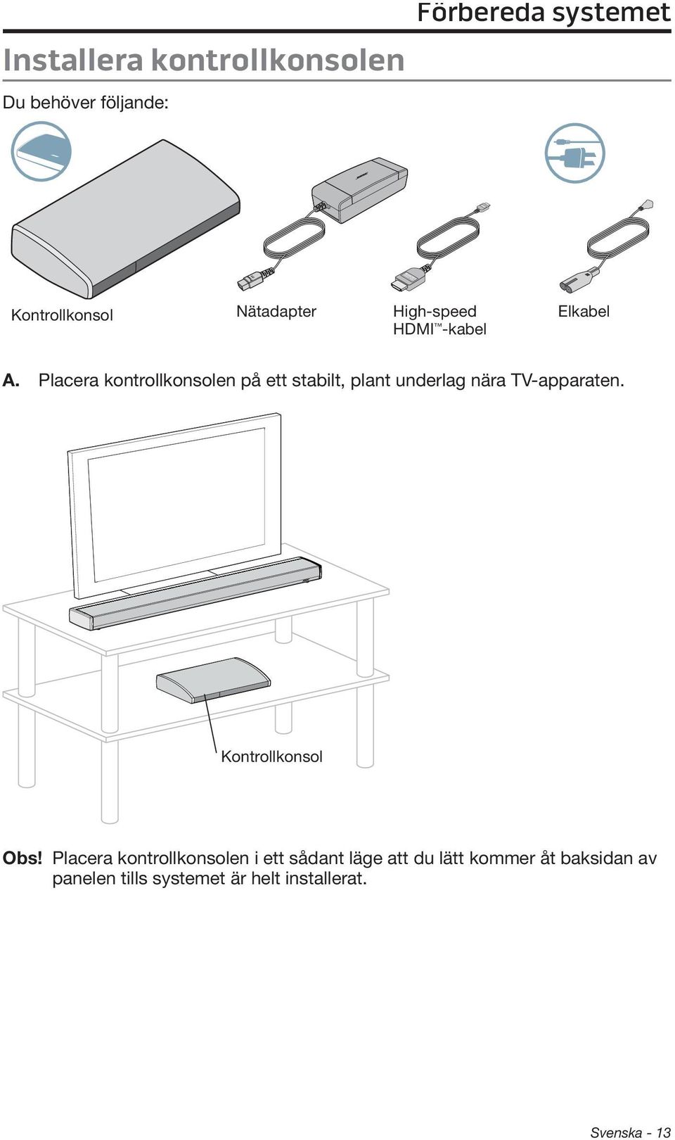 Placera kontrollkonsolen på ett stabilt, plant underlag nära TV-apparaten.