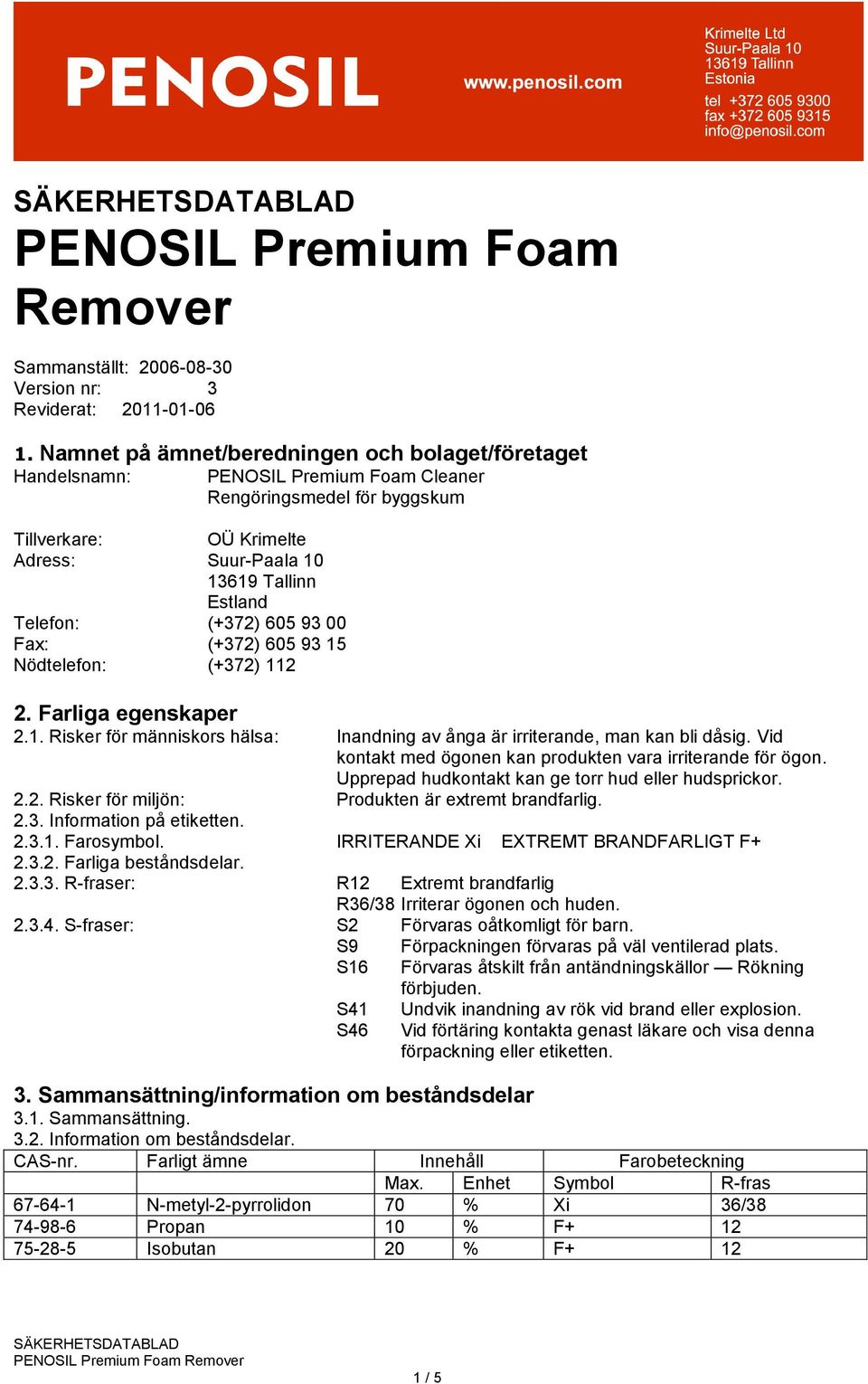 (+372) 605 93 15 Nödtelefon: (+372) 112 2. Farliga egenskaper 2.1. Risker för människors hälsa: Inandning av ånga är irriterande, man kan bli dåsig.