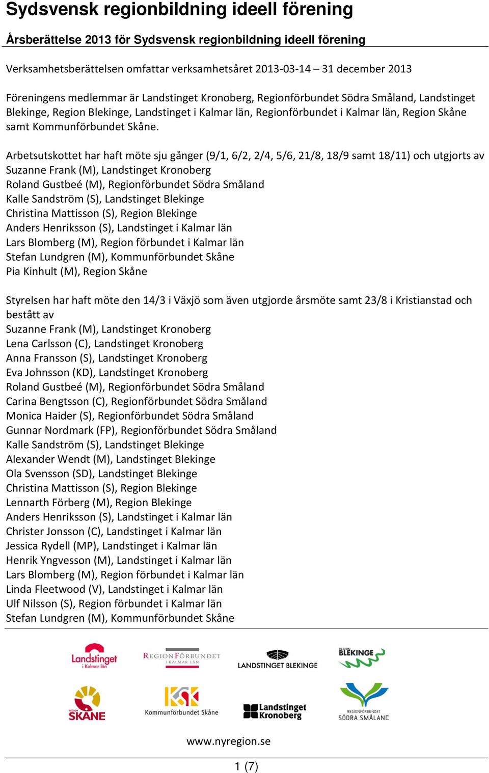 Arbetsutskottet har haft möte sju gånger (9/1, 6/2, 2/4, 5/6, 21/8, 18/9 samt 18/11) och utgjorts av Suzanne Frank (M), Roland Gustbeé (M), Kalle Sandström (S), Landstinget Blekinge Christina
