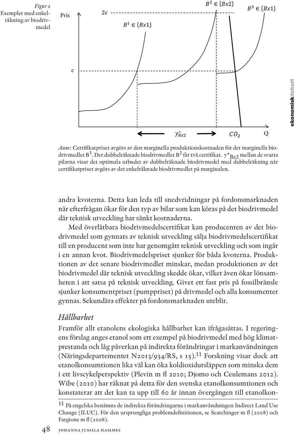 y* Bx2 mellan de svarta pilarna visar det optimala utbudet av dubbelräknade biodrivmedel med dubbelräkning när certifikatpriset avgörs av det enkelräknade biodrivmedlet på marginalen. andra kvoterna.