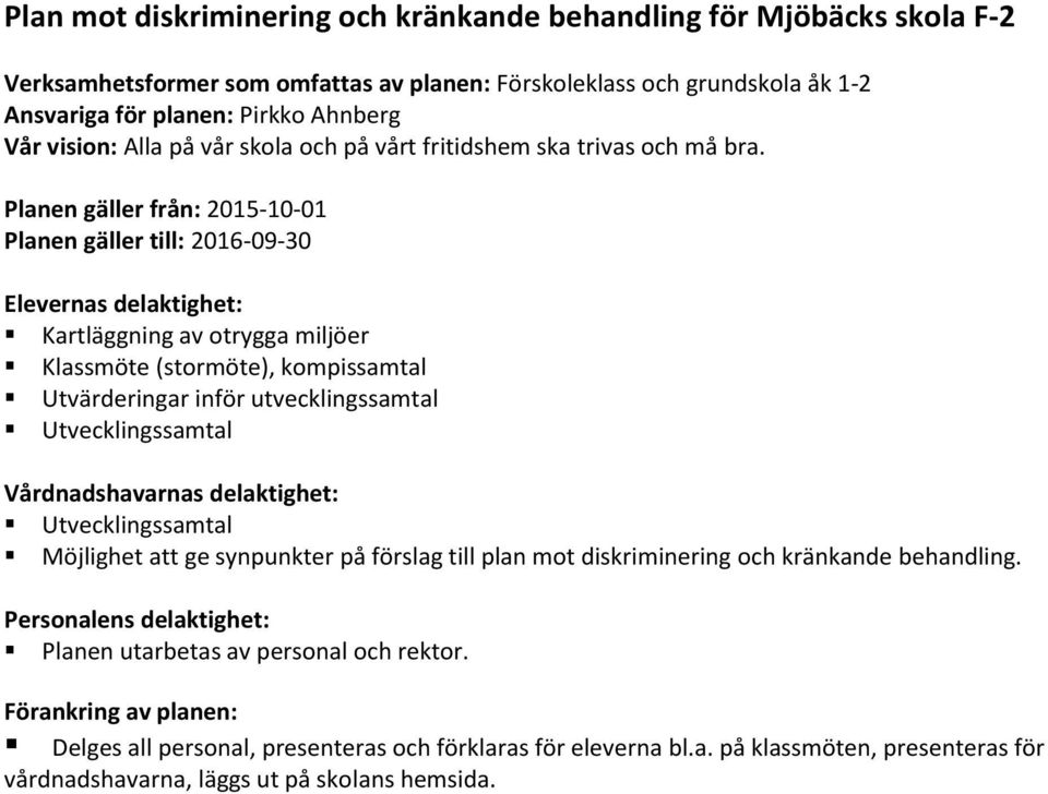 Planen gäller från: 2015-10-01 Planen gäller till: 2016-09-30 Elevernas delaktighet: Kartläggning av otrygga miljöer Klassmöte (stormöte), kompissamtal Utvärderingar inför utvecklingssamtal
