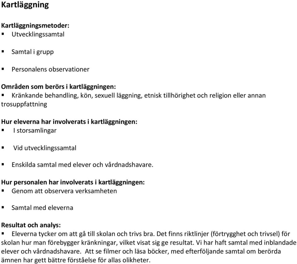 Hur personalen har involverats i kartläggningen: Genom att observera verksamheten Samtal med eleverna Resultat och analys: Eleverna tycker om att gå till skolan och trivs bra.