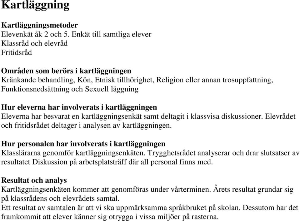 besvarat en kartläggningsenkät samt deltagit i klassvisa diskussioner. Elevrådet och fritidsrådet deltager i analysen av kartläggningen.