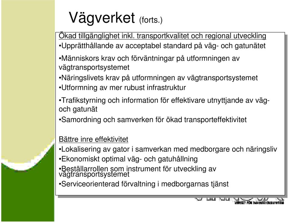 vägtransportsystemet Näringslivets krav krav på på utformningen av av vägtransportsystemet Utformning av av mer mer rubust rubust infrastruktur Trafikstyrning och och information för för effektivare