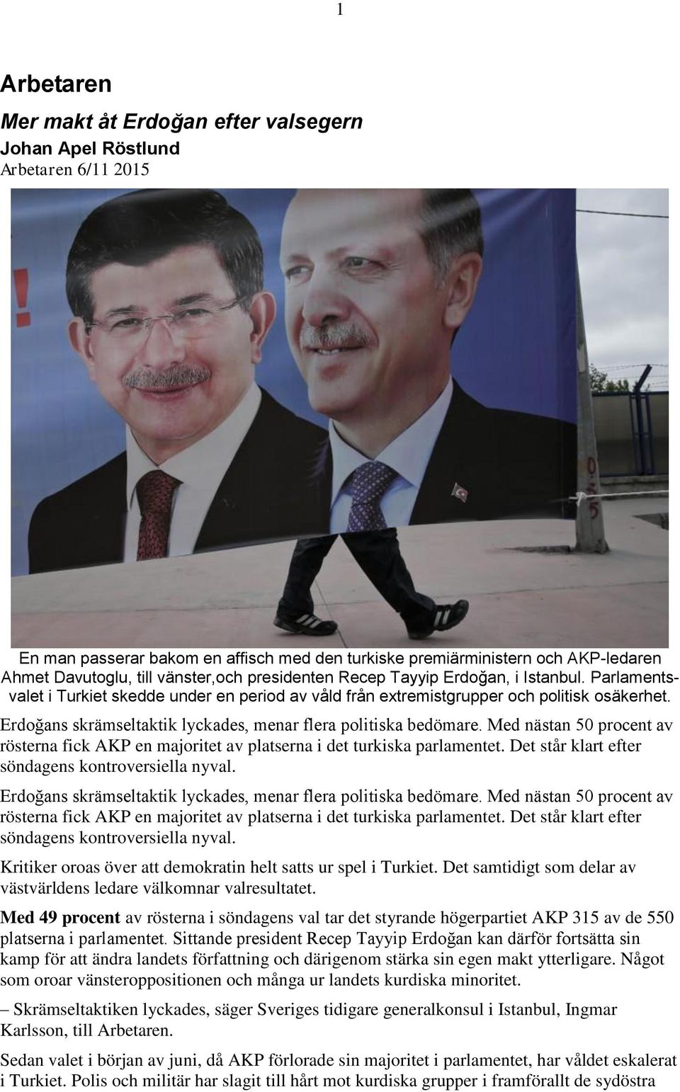 Erdoğans skrämseltaktik lyckades, menar flera politiska bedömare. Med nästan 50 procent av rösterna fick AKP en majoritet av platserna i det turkiska parlamentet.