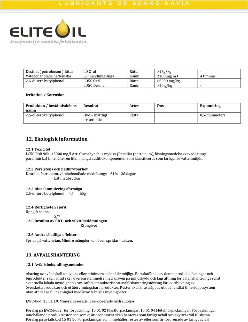 1 Toxicitet LC50 Fisk 96h: >5000 mg/l Art: Oncorhynchus mykiss (Destillat (petroleum), lösningsmedelsavvaxade tunga paraffiniska) Innehåller en liten mängd additivkomponenter som klassificeras som