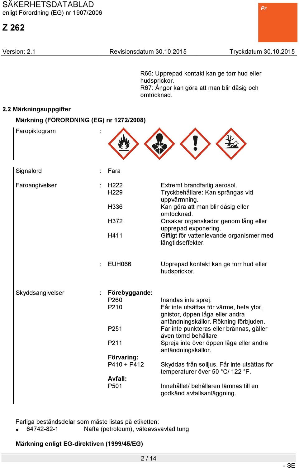 H372 Orsakar organskador genom lång eller upprepad exponering. H411 Giftigt för vattenlevande organismer med långtidseffekter. : EUH066 Upprepad kontakt kan ge torr hud eller hudsprickor.