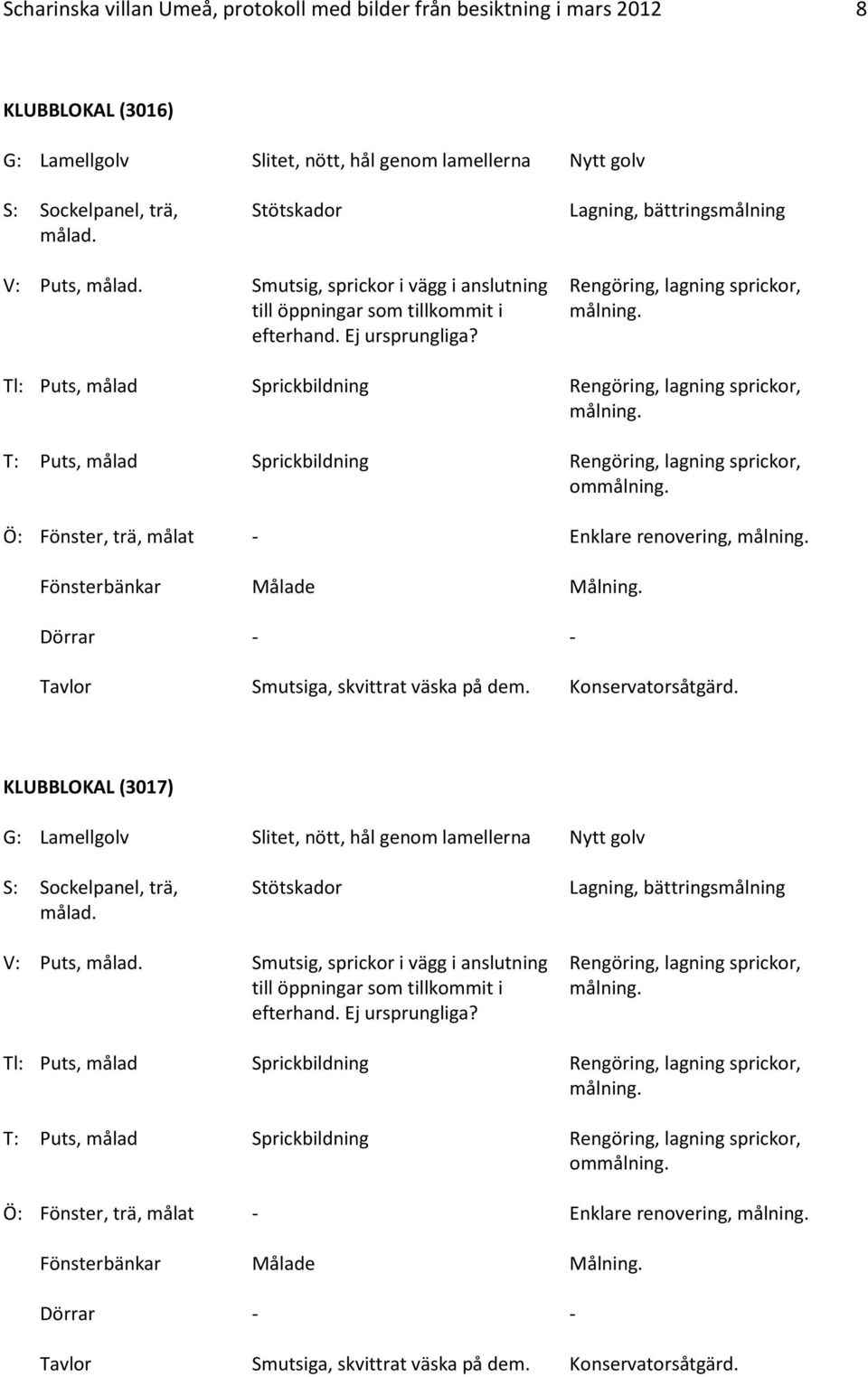 Tl: Puts, målad Sprickbildning Rengöring, lagning sprickor, målning. T: Puts, målad Sprickbildning Rengöring, lagning sprickor, ommålning. Ö: Fönster, trä, målat - Enklare renovering, målning.