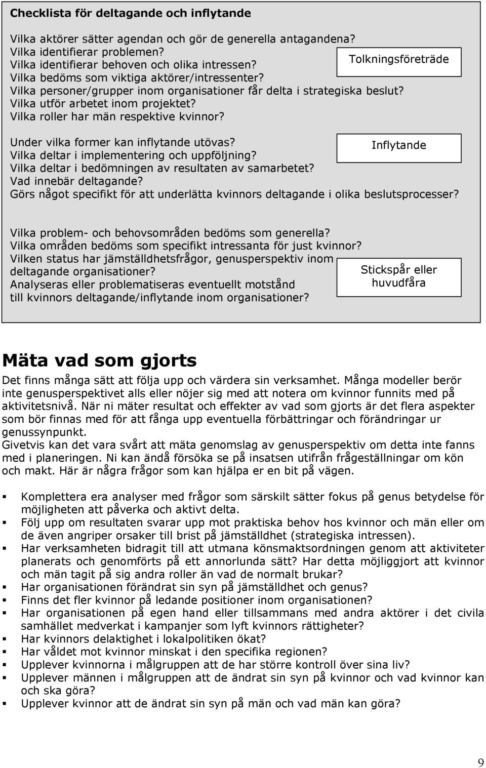 Under vilka former kan inflytande utövas? Inflytande Vilka deltar i implementering och uppföljning? Vilka deltar i bedömningen av resultaten av samarbetet? Vad innebär deltagande?