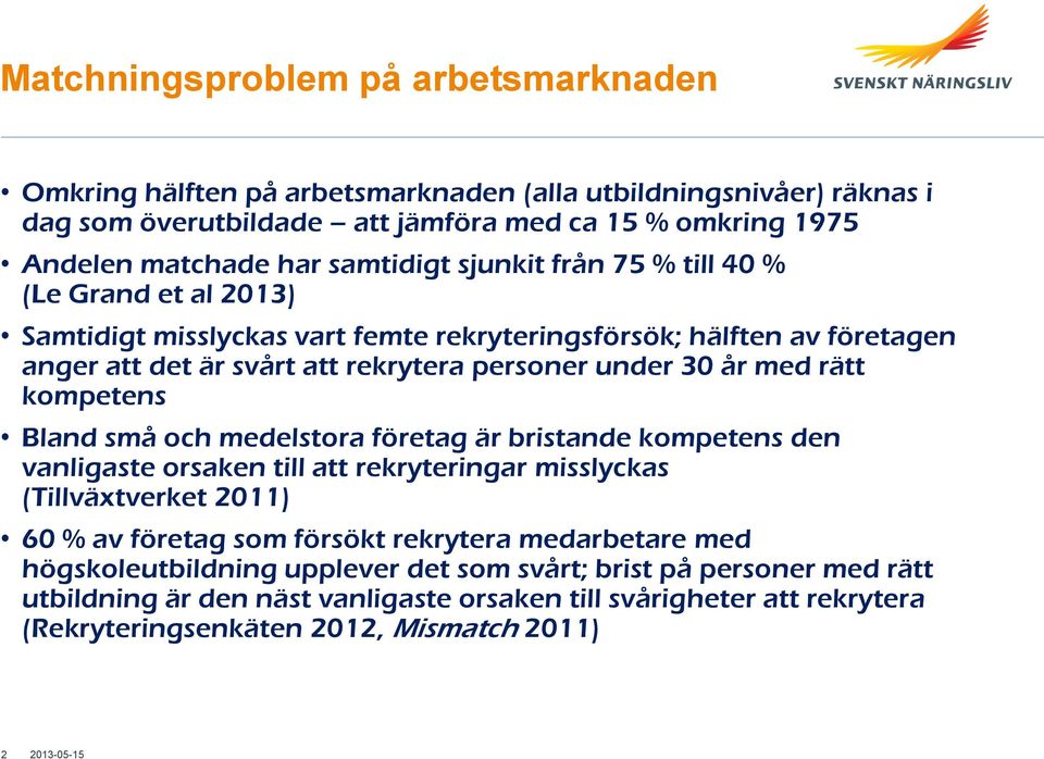 med rätt kompetens Bland små och medelstora företag är bristande kompetens den vanligaste orsaken till att rekryteringar misslyckas (Tillväxtverket 2011) 60 % av företag som försökt rekrytera