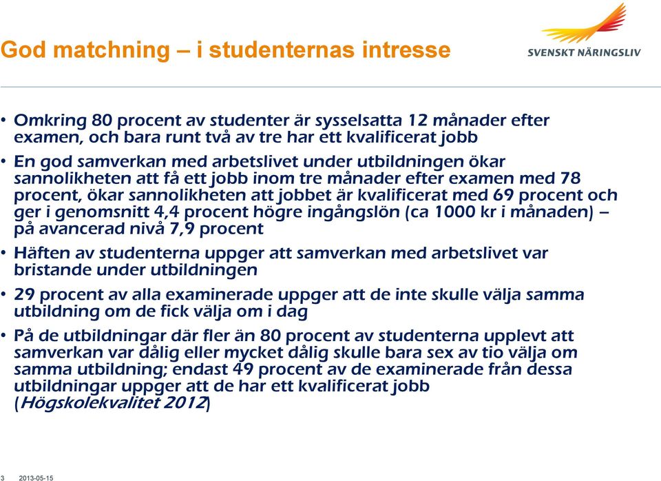ingångslön (ca 1000 kr i månaden) på avancerad nivå 7,9 procent Häften av studenterna uppger att samverkan med arbetslivet var bristande under utbildningen 29 procent av alla examinerade uppger att