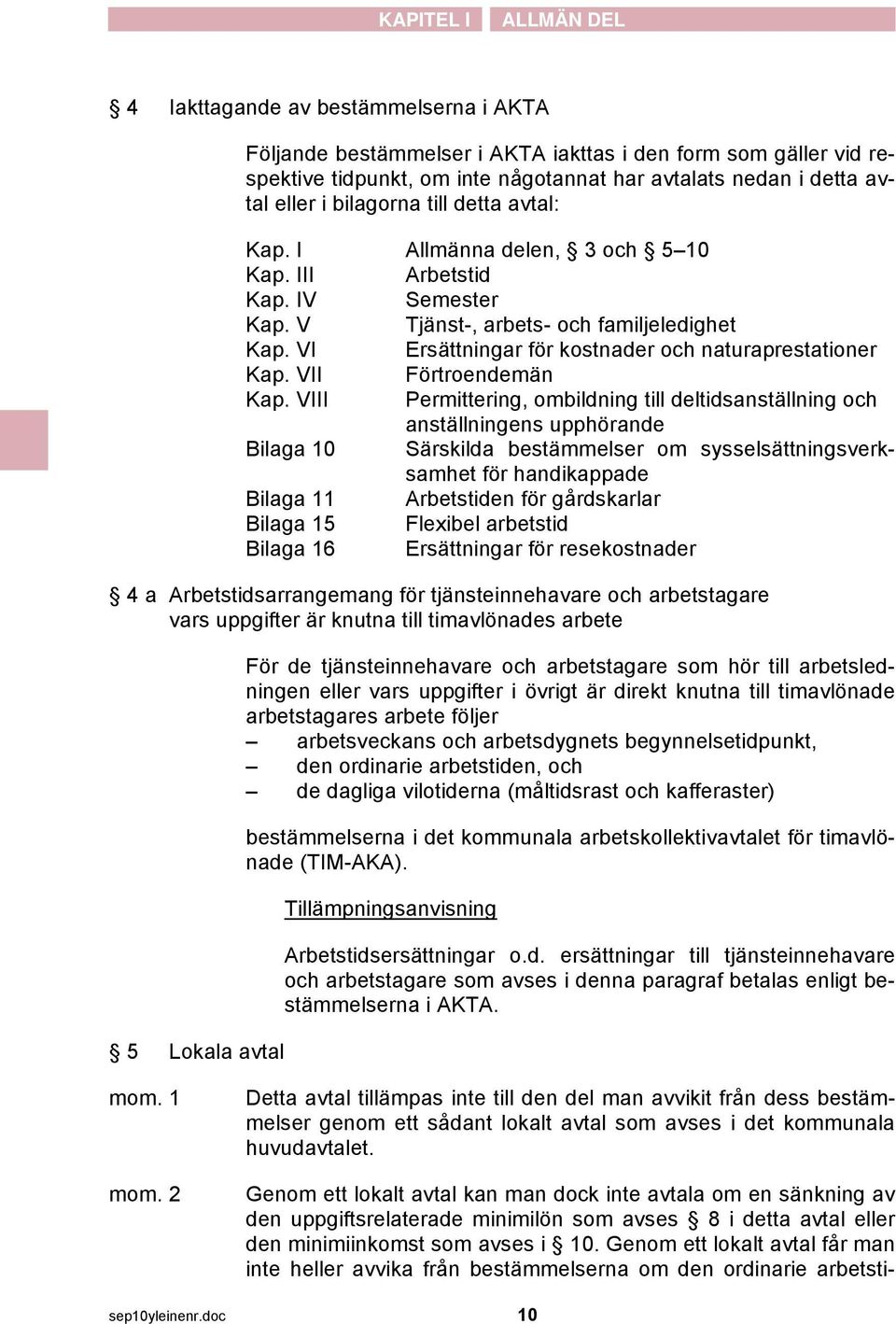 VI Ersättningar för kostnader och naturaprestationer Kap. VII Förtroendemän Kap.