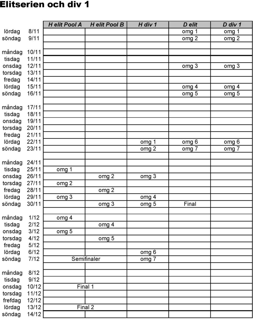 24/11 tisdag 25/11 omg 1 onsdag 26/11 omg 2 omg 3 torsdag 27/11 omg 2 fredag 28/11 omg 2 lördag 29/11 omg 3 omg 4 söndag 30/11 omg 3 omg 5 Final måndag 1/12 omg 4 tisdag 2/12 omg 4 onsdag