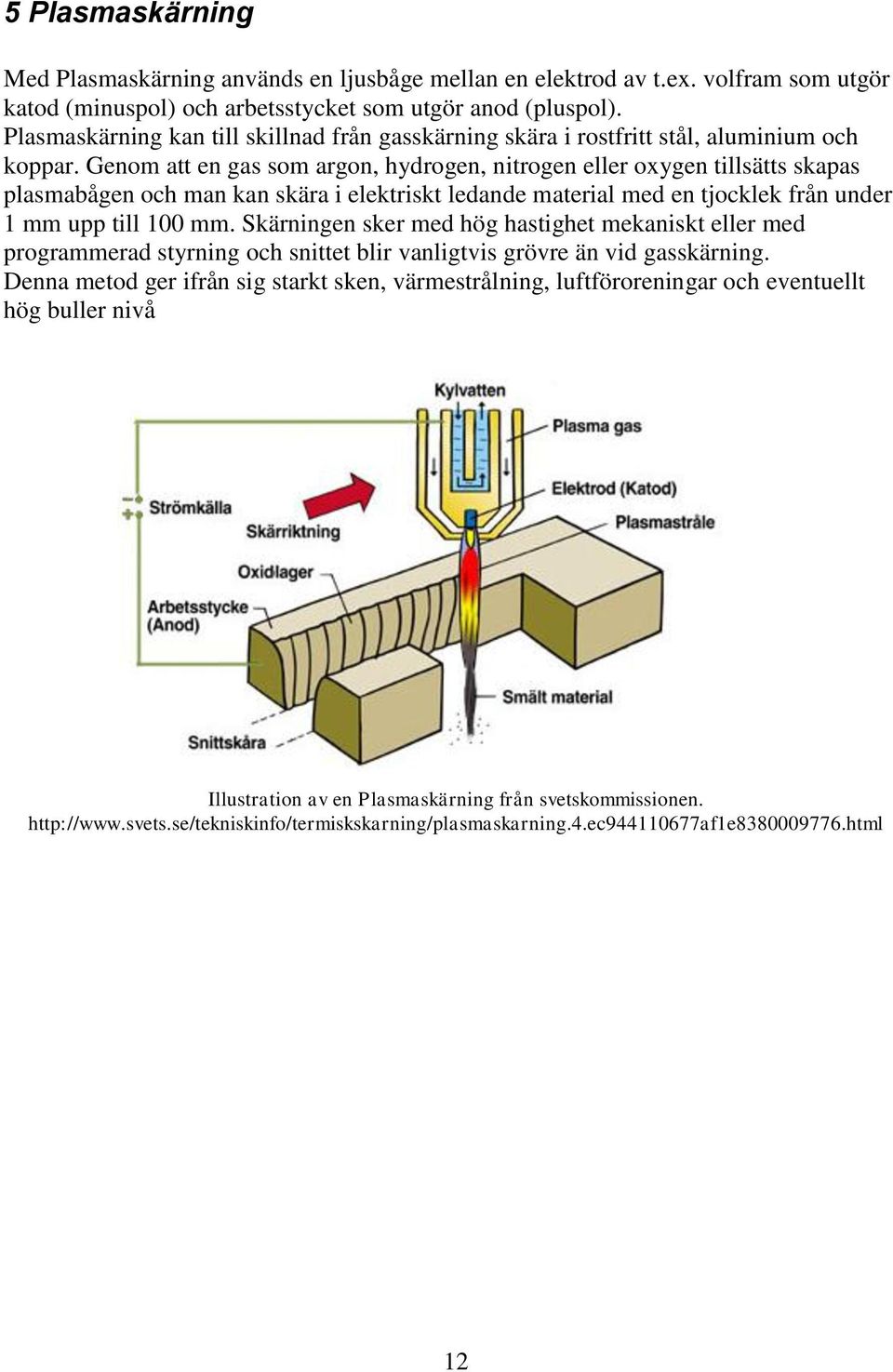 Genom att en gas som argon, hydrogen, nitrogen eller oxygen tillsätts skapas plasmabågen och man kan skära i elektriskt ledande material med en tjocklek från under 1 mm upp till 100 mm.