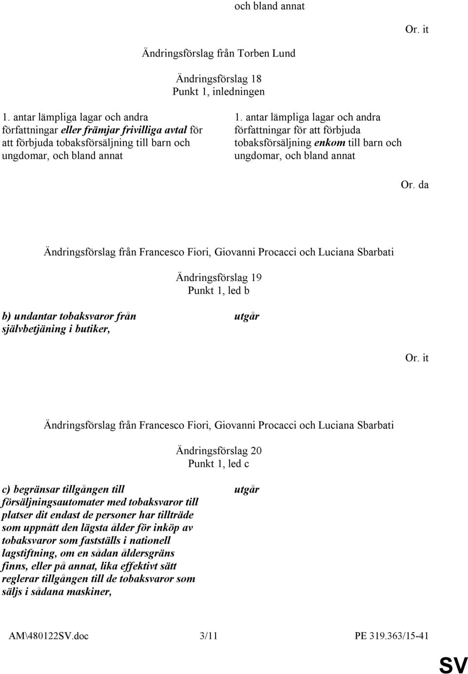 da Ändringsförslag från Francesco Fiori, Giovanni Procacci och Luciana Sbarbati Ändringsförslag 19 Punkt 1, led b b) undantar tobaksvaror från självbetjäning i butiker, utgår Ändringsförslag från