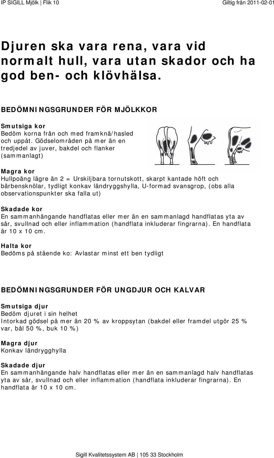 ländryggshylla, U-formad svansgrop, (obs alla observationspunkter ska falla ut) Skadade kor En sammanhängande handflatas eller mer än en sammanlagd handflatas yta av sår, svullnad och eller