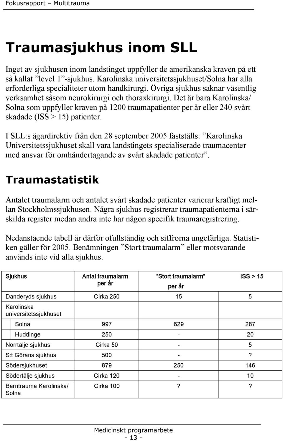 Det är bara Karolinska/ Solna som uppfyller kraven på 1200 traumapatienter per år eller 240 svårt skadade (ISS > 15) patienter.