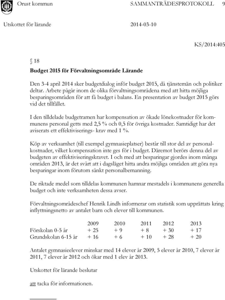 I den tilldelade budgetramen har kompensation av ökade lönekostnader för kommunens personal getts med 2,5 % och 0,5 för övriga kostnader.