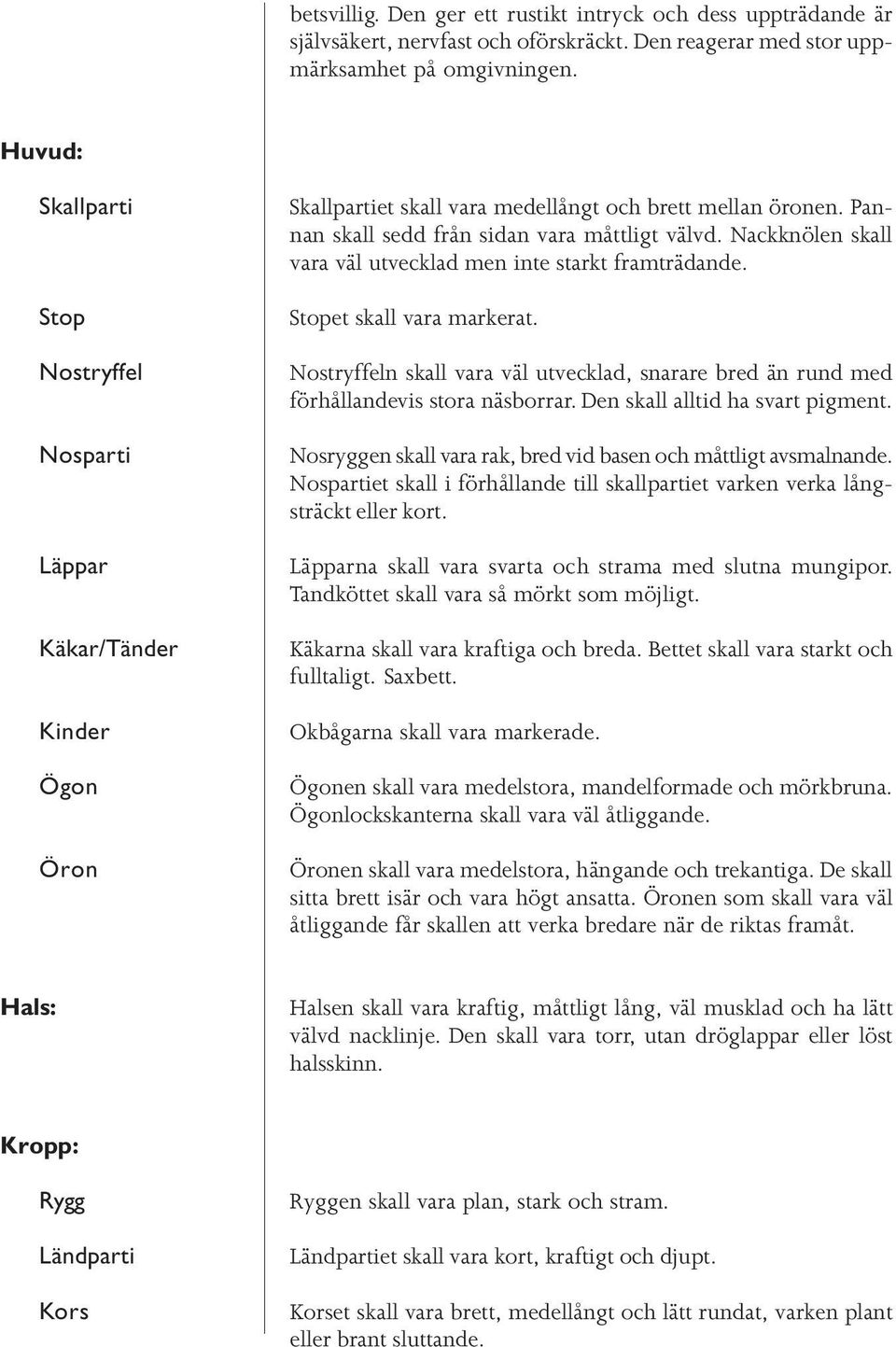 Nackknölen skall vara väl utvecklad men inte starkt framträdande. Stopet skall vara markerat. Nostryffeln skall vara väl utvecklad, snarare bred än rund med förhållandevis stora näsborrar.
