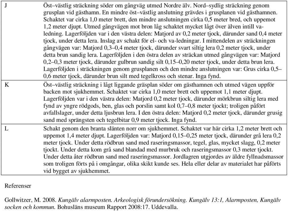 Lagerföljden var i den västra delen: Matjord av 0,2 meter tjock, därunder sand 0,4 meter tjock, under detta lera. Inslag av schakt för el- och va-ledningar.