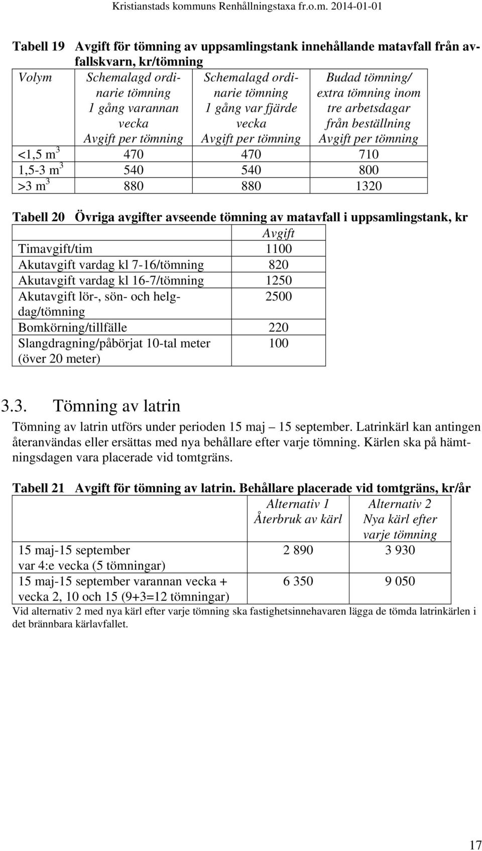Tabell 20 Övriga avgifter avseende tömning av matavfall i uppsamlingstank, kr Avgift Timavgift/tim 1100 Akutavgift vardag kl 7-16/tömning 820 Akutavgift vardag kl 16-7/tömning 1250 Akutavgift lör-,