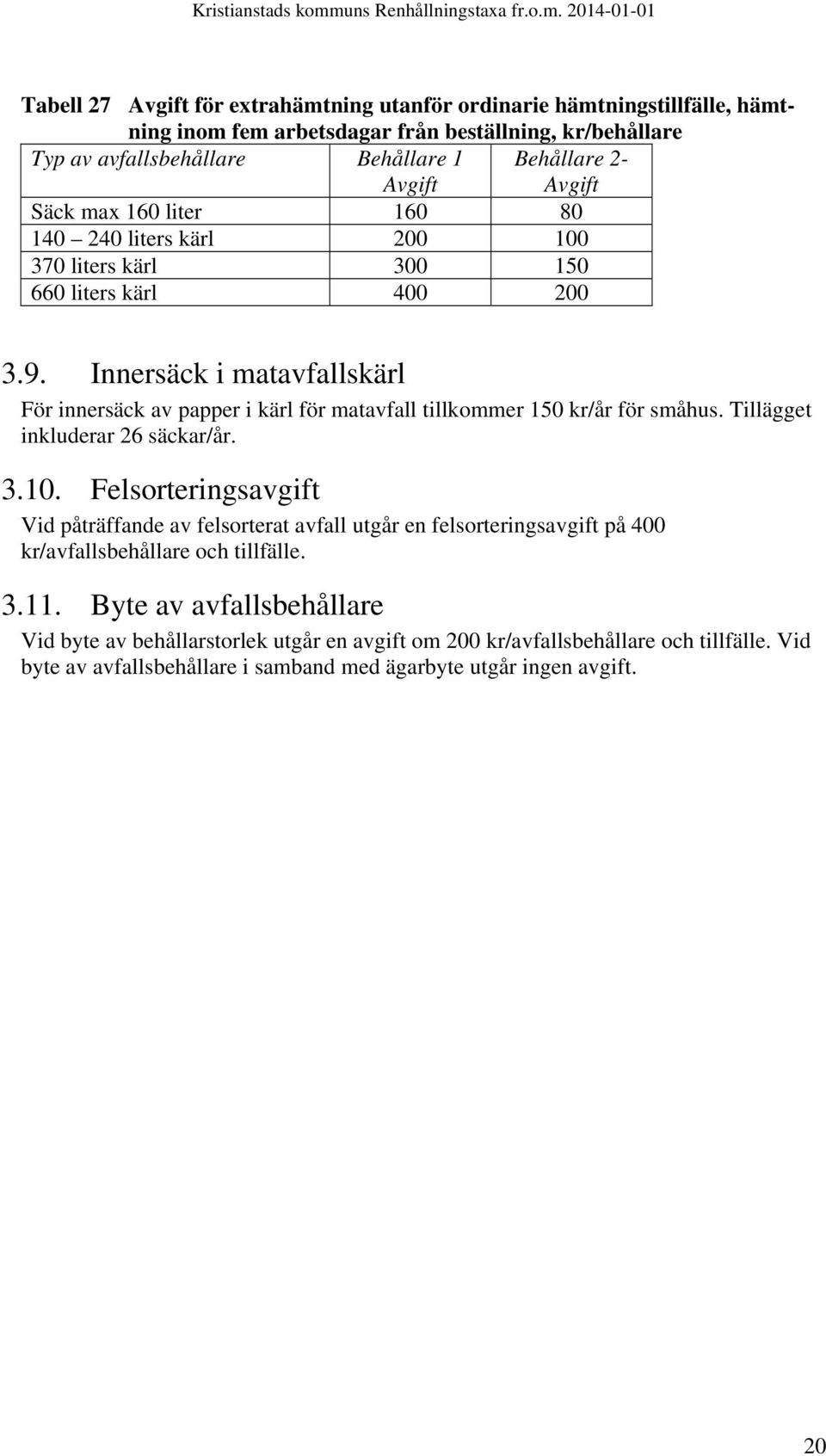 Innersäck i matavfalls För innersäck av papper i för matavfall tillkommer 150 kr/år för småhus. Tillägget inkluderar 26 säckar/år. 3.10.