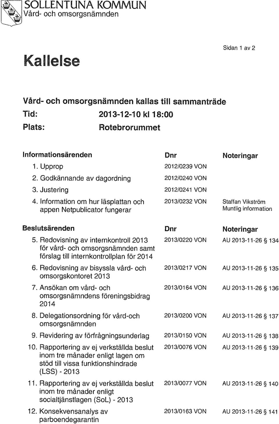Redovisning av intemkontroil 2013 för vård- och omsorgsnämnden samt förslag till internkontrolipian för 2014 6. Redovisning av bisyssla vård- och omsorgskontoret 2013 7.