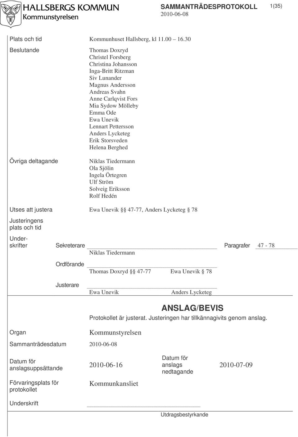 Unevik Lennart Pettersson Anders Lycketeg Erik Storsveden Helena Berghed Niklas Tiedermann Ola Sjölin Ingela Örtegren Ulf Ström Solveig Eriksson Rolf Hedén Utses att justera Ewa Unevik 47-77, Anders