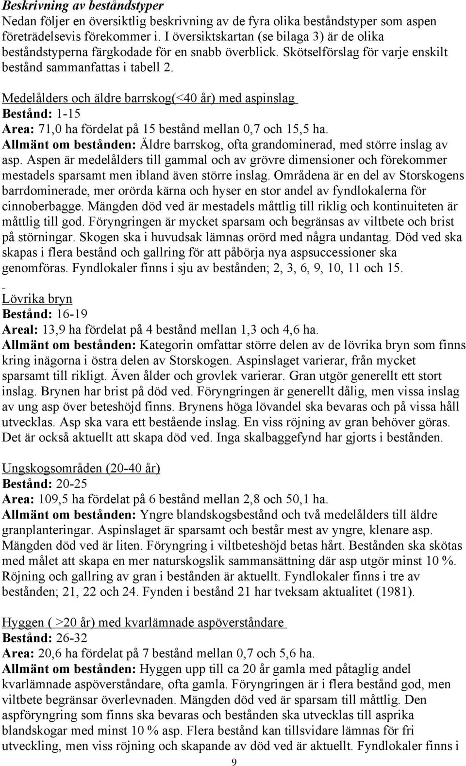 Medelålders och äldre barrskog(<40 år) med aspinslag Bestånd: 1-15 Area: 71,0 ha fördelat på 15 bestånd mellan 0,7 och 15,5 ha.