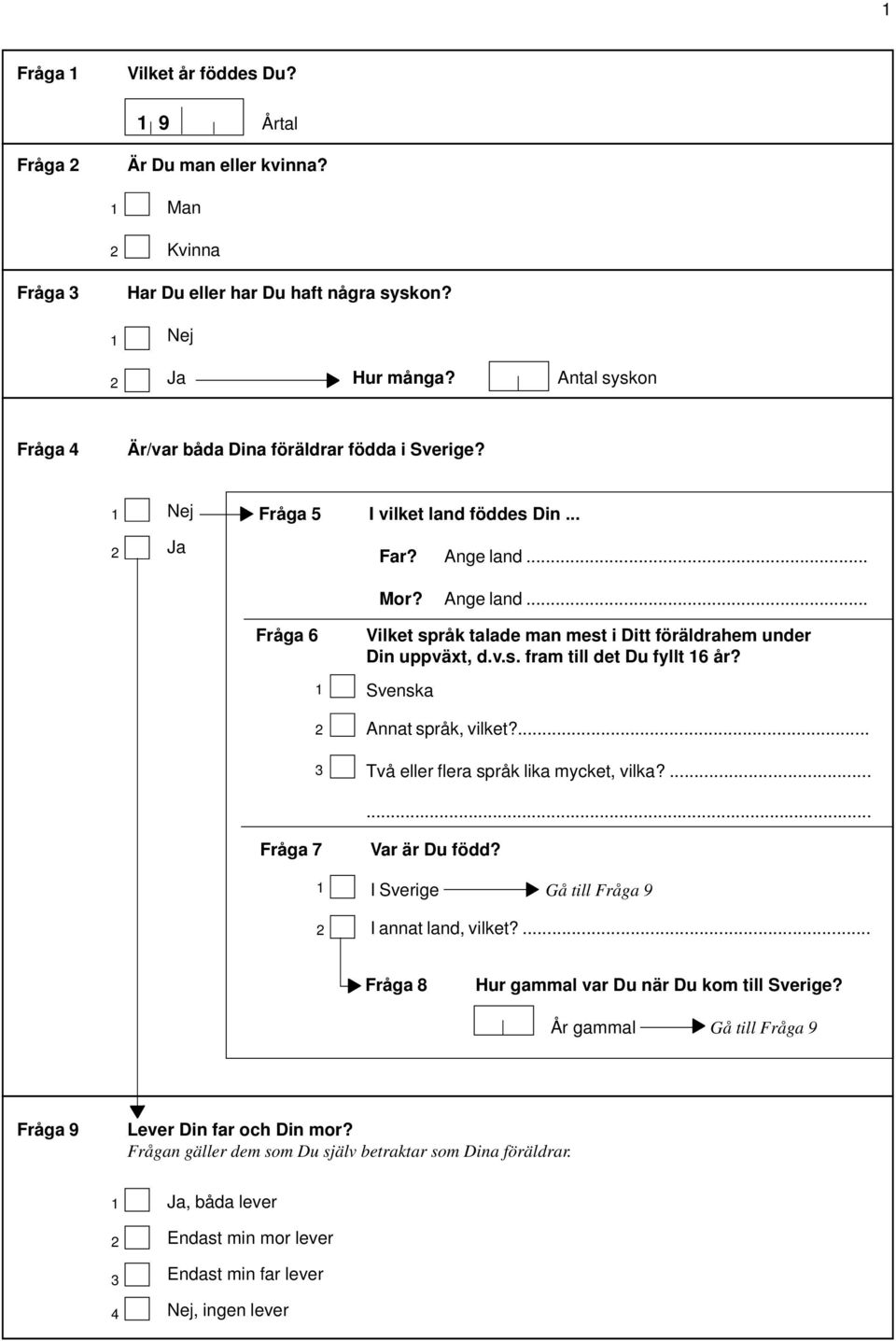 v.s. fram till det Du fyllt år? Svenska Annat språk, vilket?... Två eller flera språk lika mycket, vilka?...... Fråga 7 Var är Du född? I Sverige Gå till Fråga 9 I annat land, vilket?