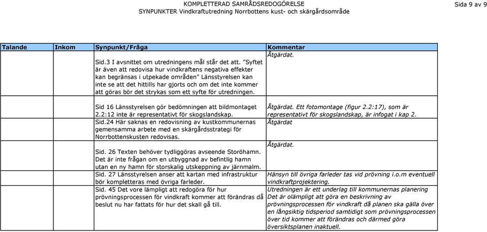 som ett syfte för utredningen. Sid 16 Länsstyrelsen gör bedömningen att bildmontaget 2.2:12 inte är representativt för skogslandskap. Sid.24 Här saknas en redovisning av kustkommunernas gemensamma arbete med en skärgårdsstrategi för Norrbottenskusten redovisas.