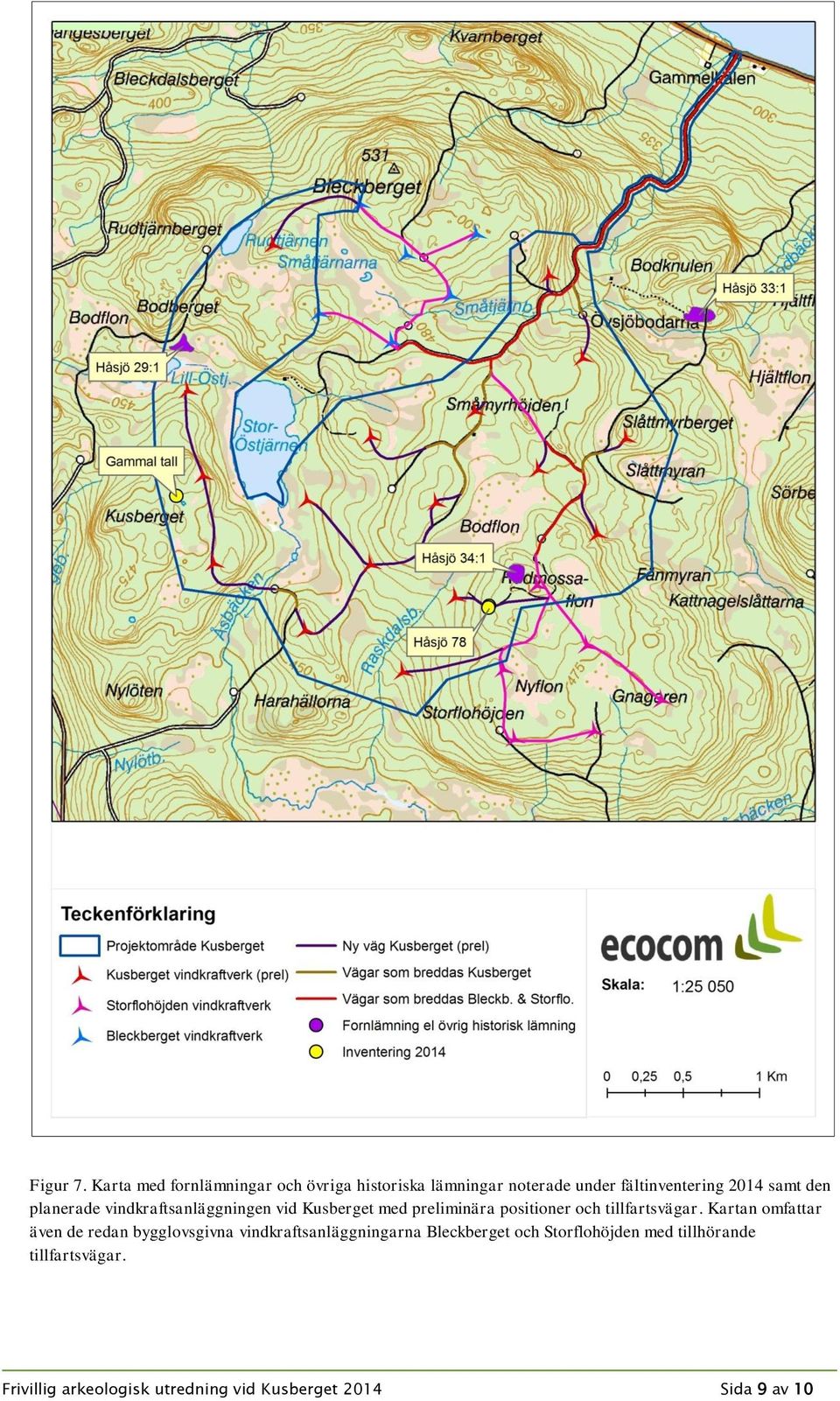 den planerade vindkraftsanläggningen vid Kusberget med preliminära positioner och tillfartsvägar.