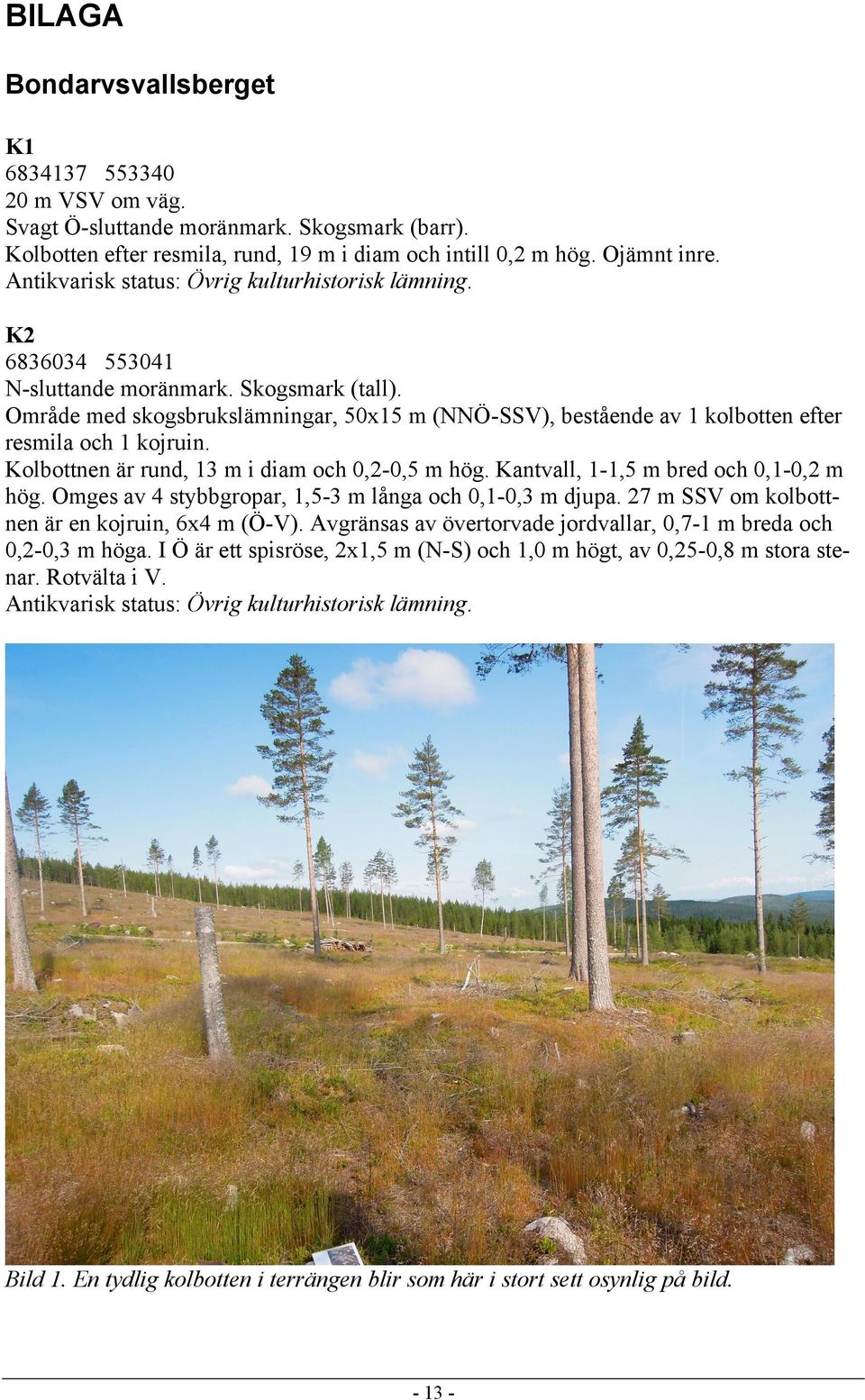 Område med skogsbrukslämningar, 50x15 m (NNÖ-SSV), bestående av 1 kolbotten efter resmila och 1 kojruin. Kolbottnen är rund, 13 m i diam och 0,2-0,5 m hög. Kantvall, 1-1,5 m bred och 0,1-0,2 m hög.