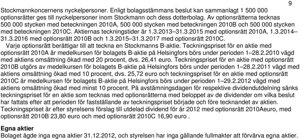 2013 31.3.2015 med optionsrätt 2010A, 1.3.2014 31.3.2016 med optionsrätt 2010B och 1.3.2015 31.3.2017 med optionsrätt 2010C. Varje optionsrätt berättigar till att teckna en Stockmanns B-aktie.