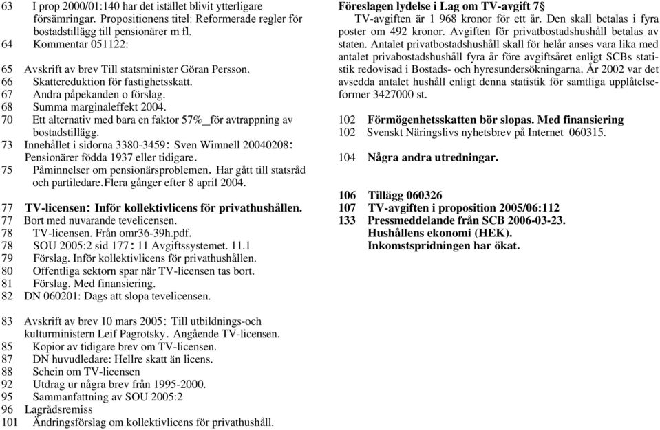 73 Innehållet i sidorna 3380-3459: Sven Wimnell 20040208: Pensionärer födda 1937 eller tidigare. 75 Påminnelser om pensionärsproblemen. Har gått till statsråd och partiledare.