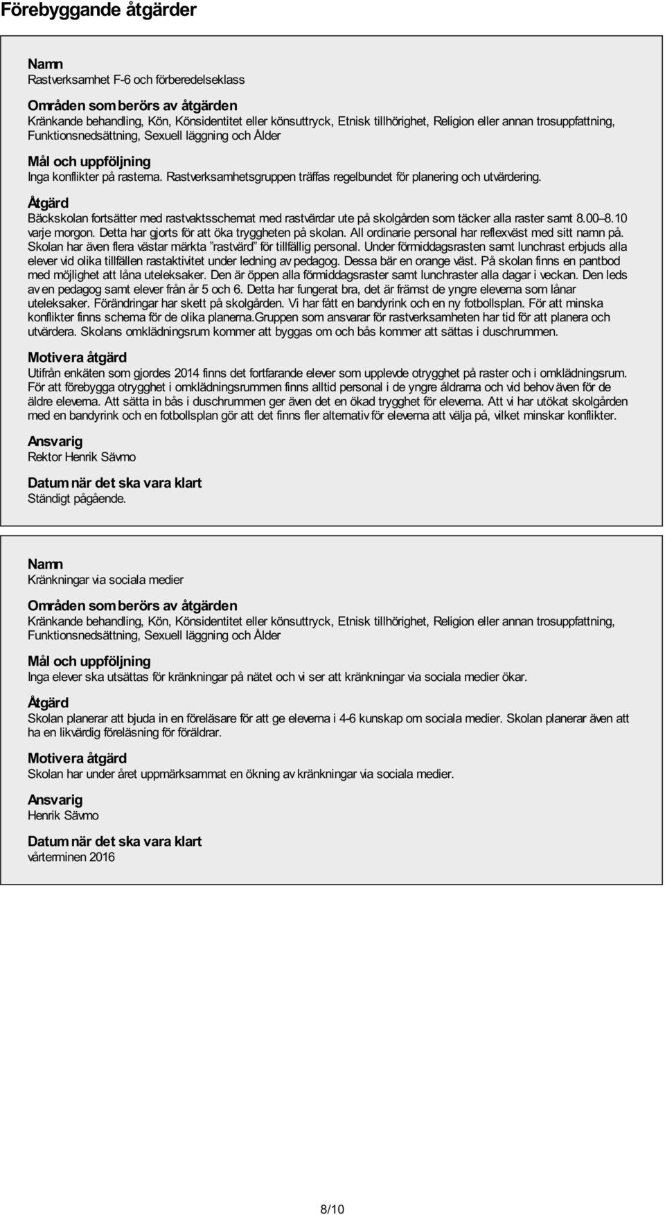 All ordinarie personal har reflexväst med sitt namn på. Skolan har även flera västar märkta rastvärd för tillfällig personal.
