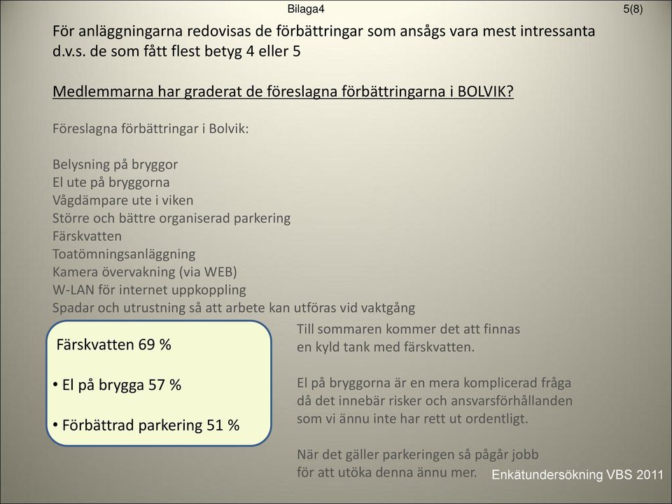 WEB) W-LAN för internet uppkoppling Spadar och utrustning så att arbete kan utföras vid vaktgång Färskvatten 69 % Till sommaren kommer det att finnas en kyld tank med färskvatten.