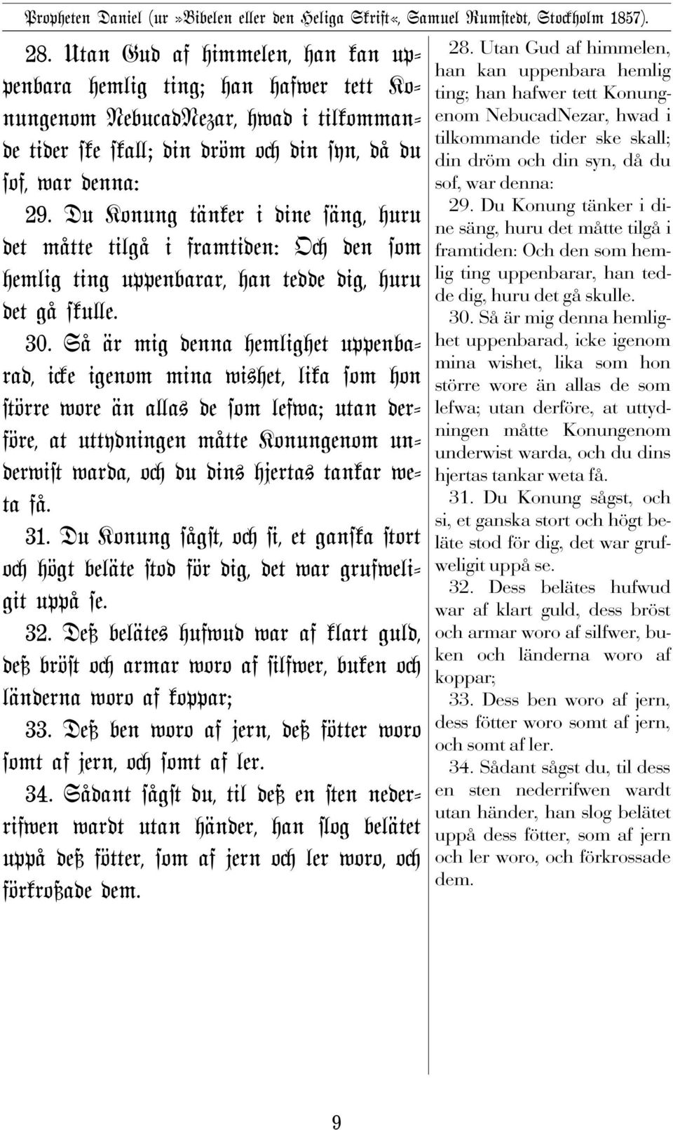 Så är mig denna hemlighet uppenbarad, i e igenom mina wi#het, lika som hon örre wore än a a# de som lefwa; utan derföre, at uttydningen måtte Konungenom underwi warda, o du din# hjerta# tankar weta