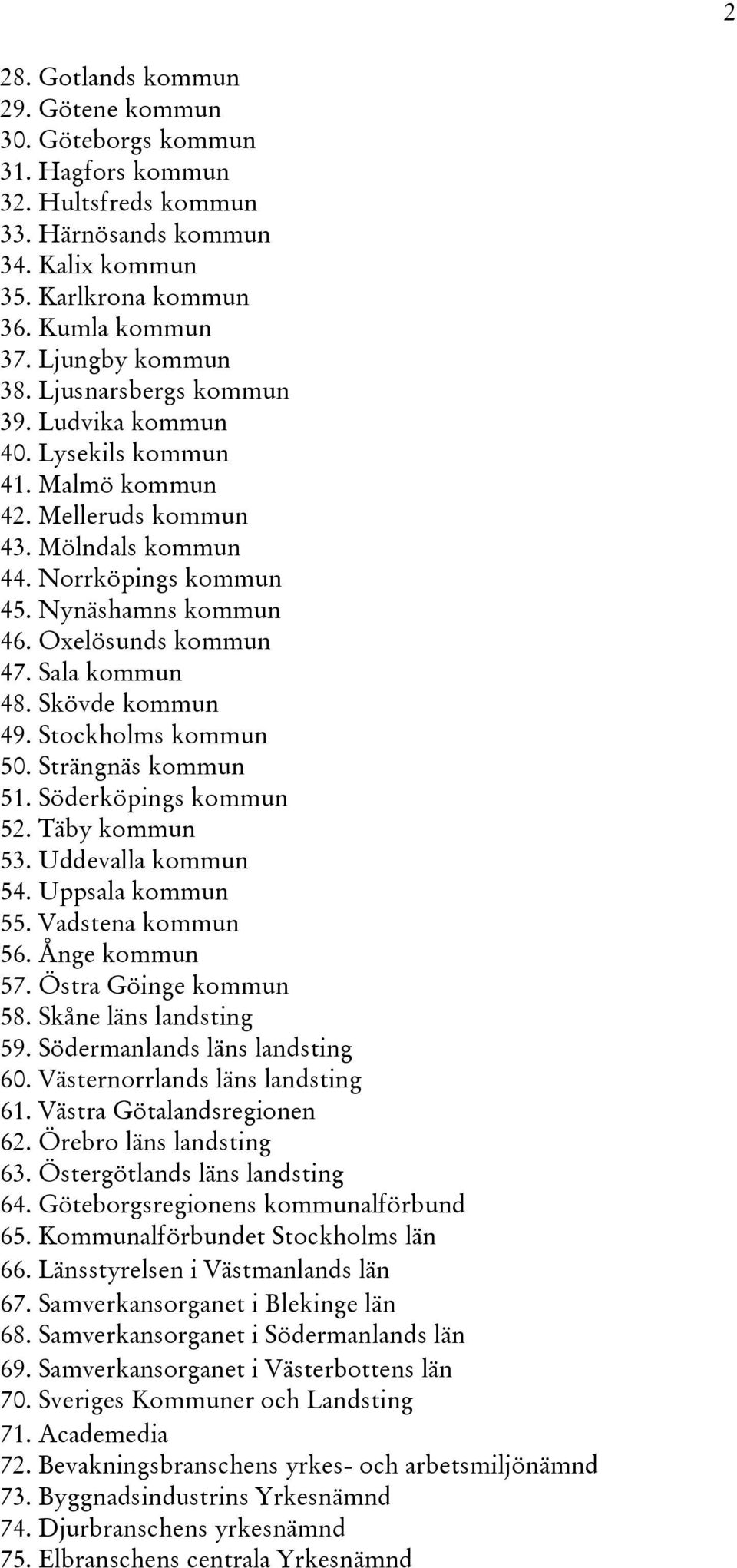 Sala kommun 48. Skövde kommun 49. Stockholms kommun 50. Strängnäs kommun 51. Söderköpings kommun 52. Täby kommun 53. Uddevalla kommun 54. Uppsala kommun 55. Vadstena kommun 56. Ånge kommun 57.