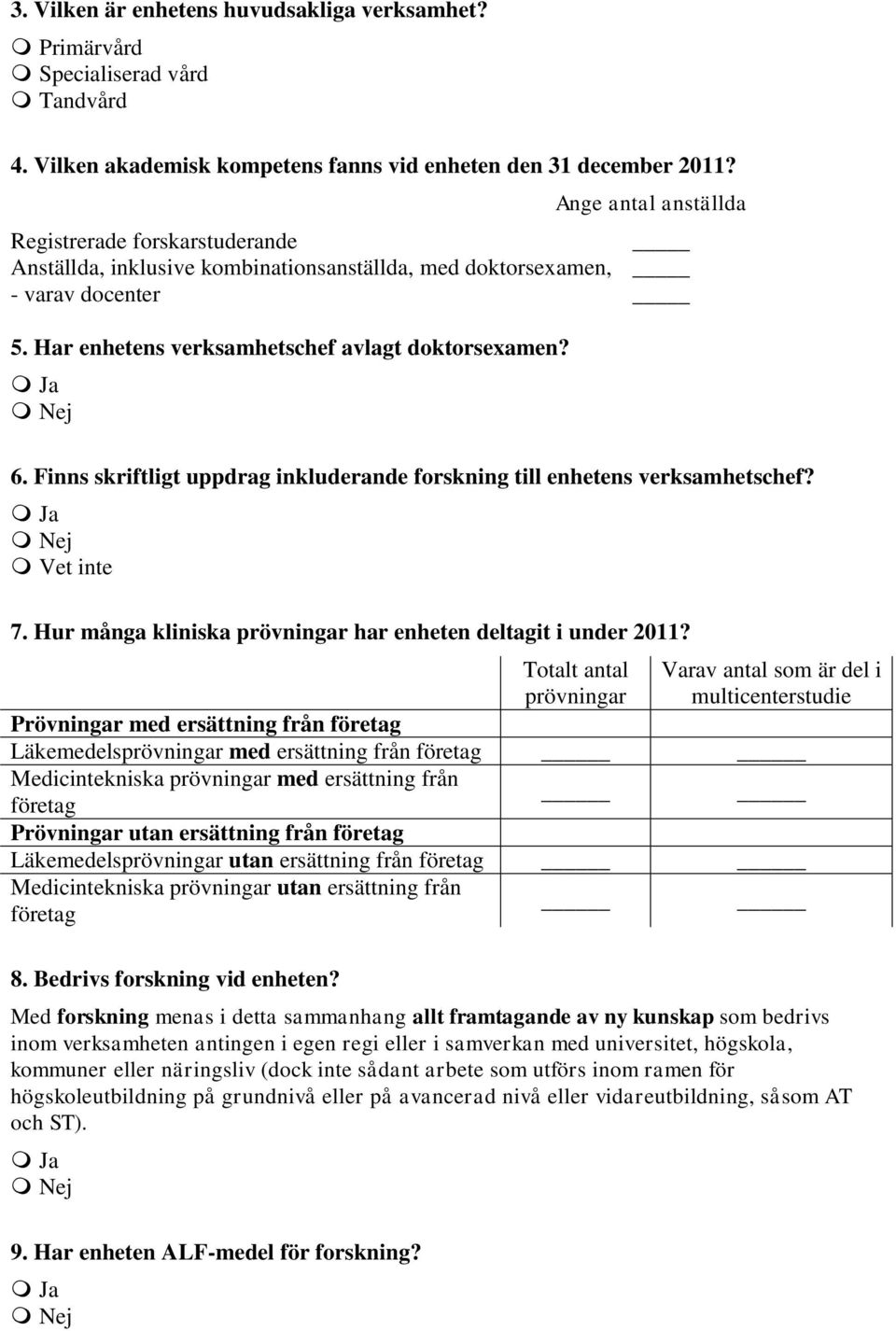 Finns skriftligt uppdrag inkluderande forskning till enhetens verksamhetschef? 7. Hur många kliniska prövningar har enheten deltagit i under 2011?